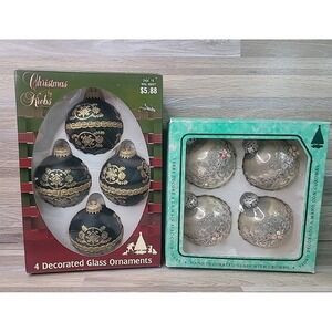 Christmas By Krebs Hand Decorated Floral Glass Ornaments Bulbs 2 Boxes 8 Vintage